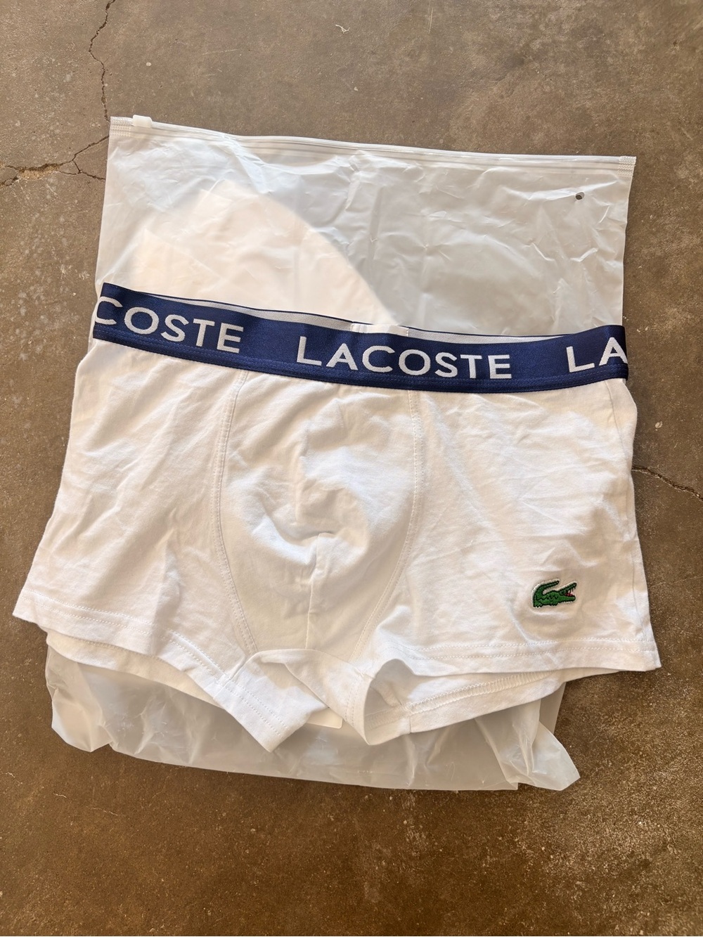 Lacoste White Boxer Briefs with Navy Logo Waistband and Green Croc